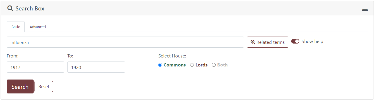 Screenshot search box for search word "influenza" for the House of Commons between 1917-1920